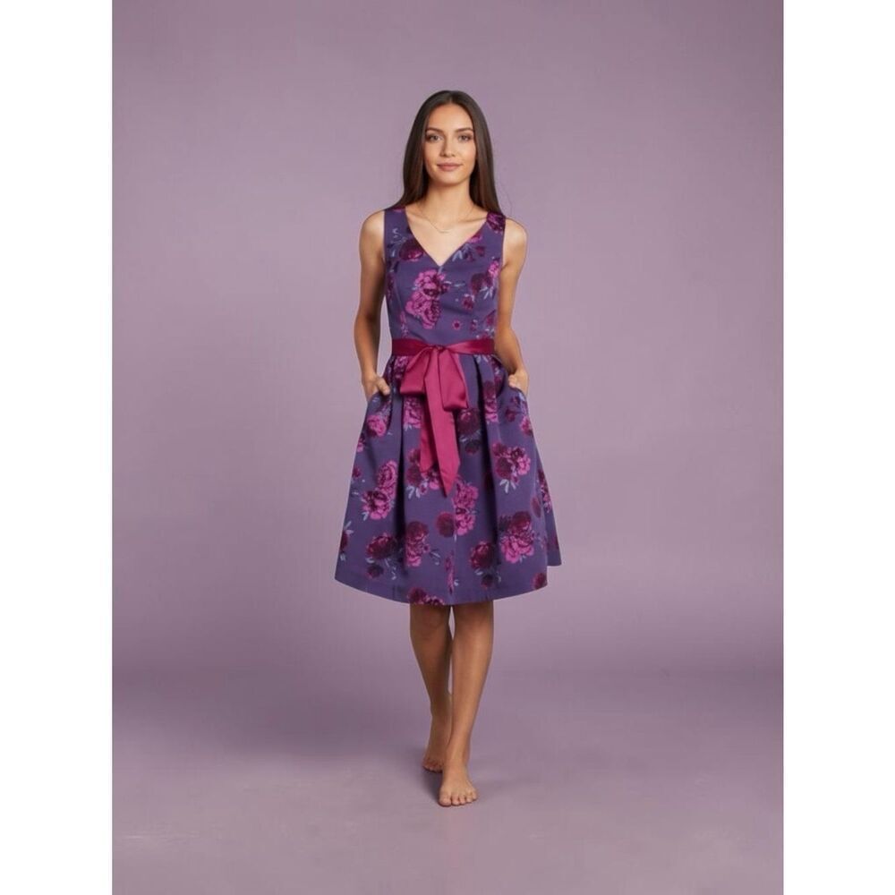 ModCloth Purple Floral Fit & Flare Dress w/ Satin Ribbon Waist Tie – XS